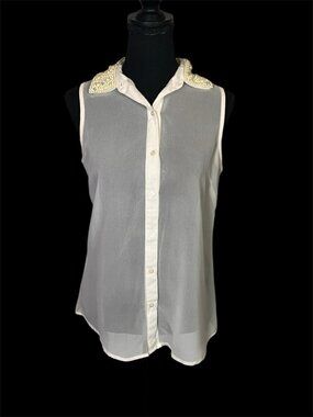Dizzy Lizzy White Shear Shirt Top Embellished Pearl Collar Sleeveless Sz S Butto